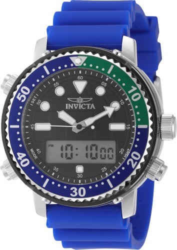 Invicta Mens 46.5mm Pro Diver Digital Quartz Black Dial Green Blue Silver Watch