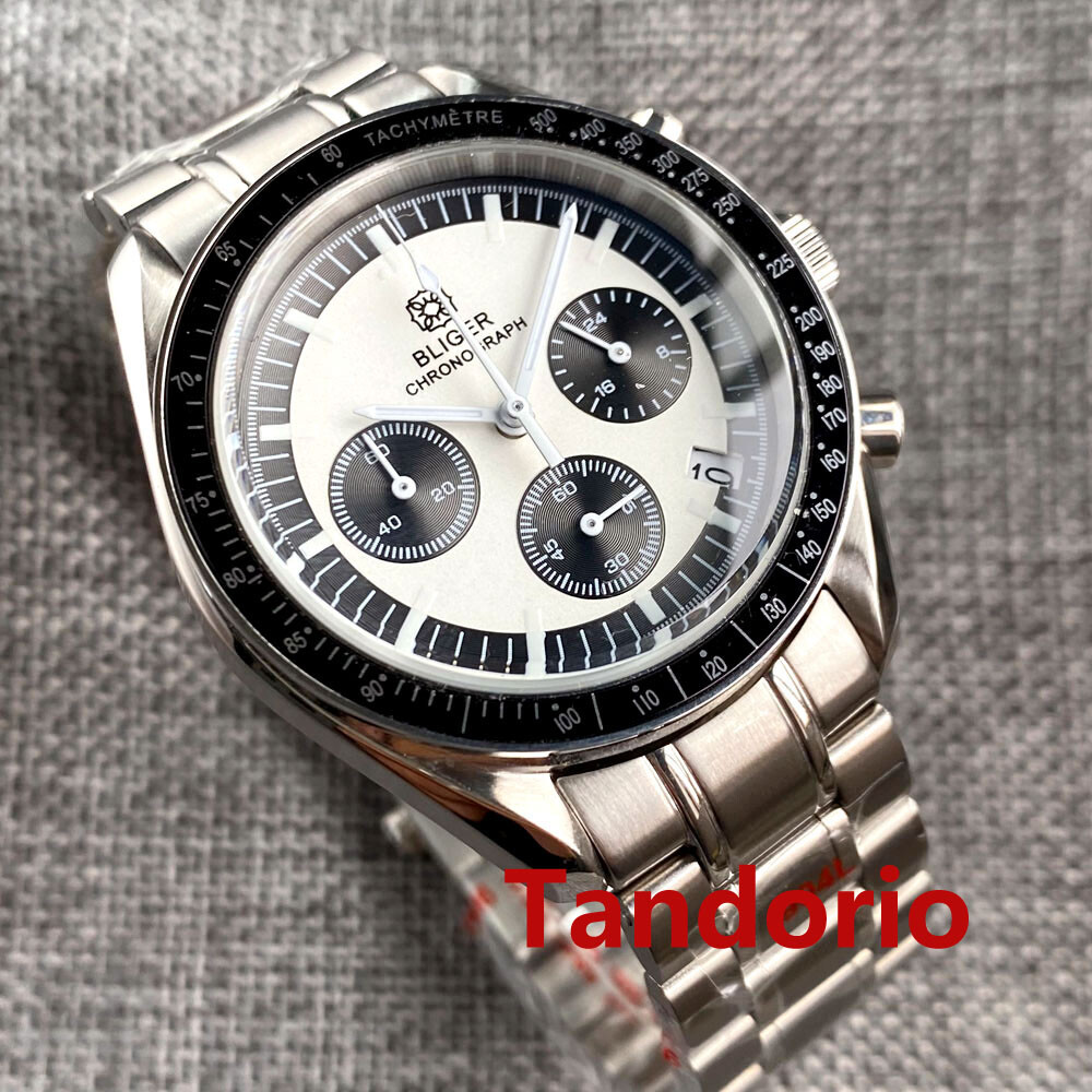 Bliger 40mm VK63 Quartz Full Functional Chronograph Mens Watch Folding Clasp