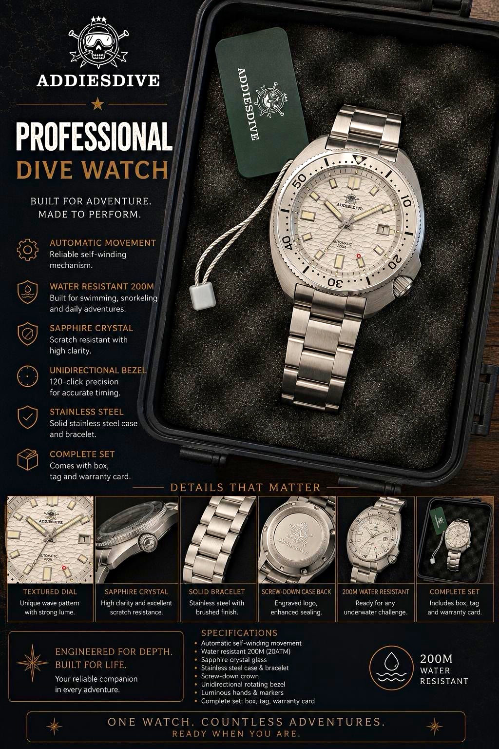 Addiesdive AD2117 – Automatic 200m Sapphire SS Bracelet White