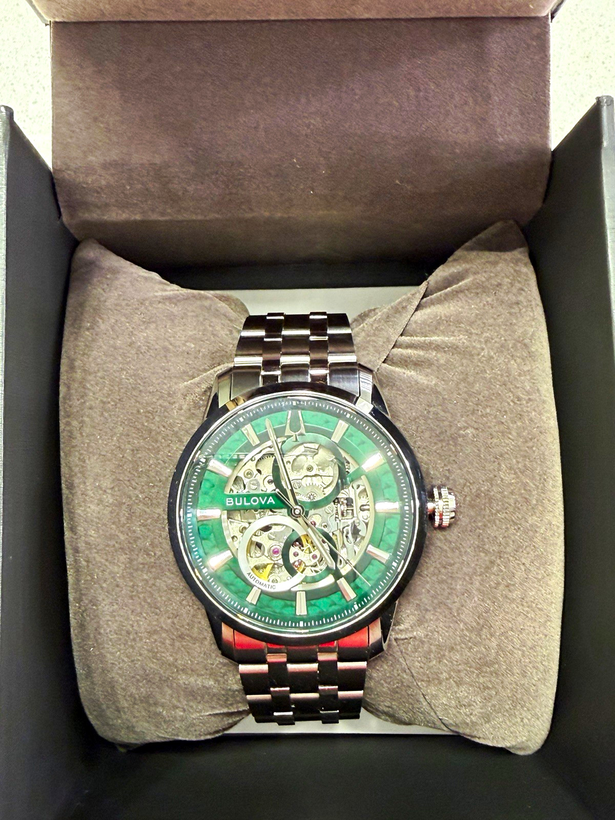 Bulova Sutton Men’s Automatic Skeleton Green Dial Stainless Steel Watch w/ Box