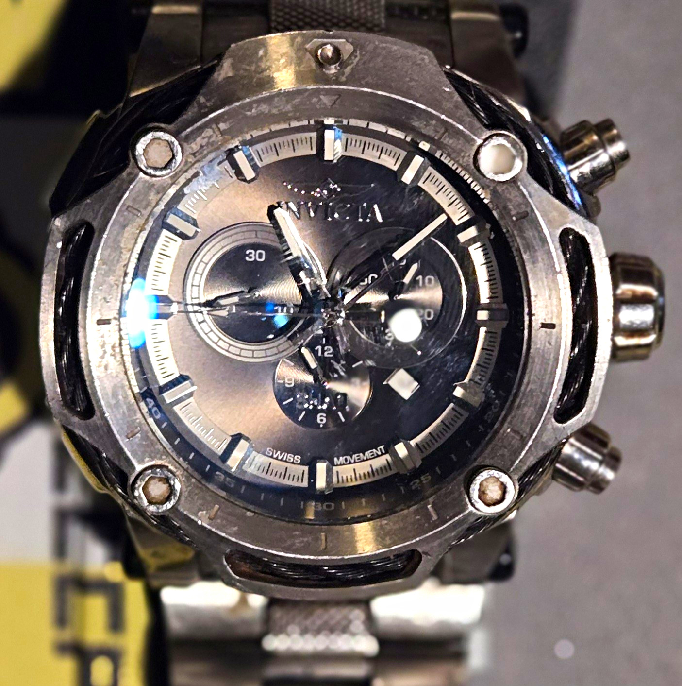 Invicta Men’s Quartz Chronograph Black/Gray Dial Silver/Black SS Bracelet
