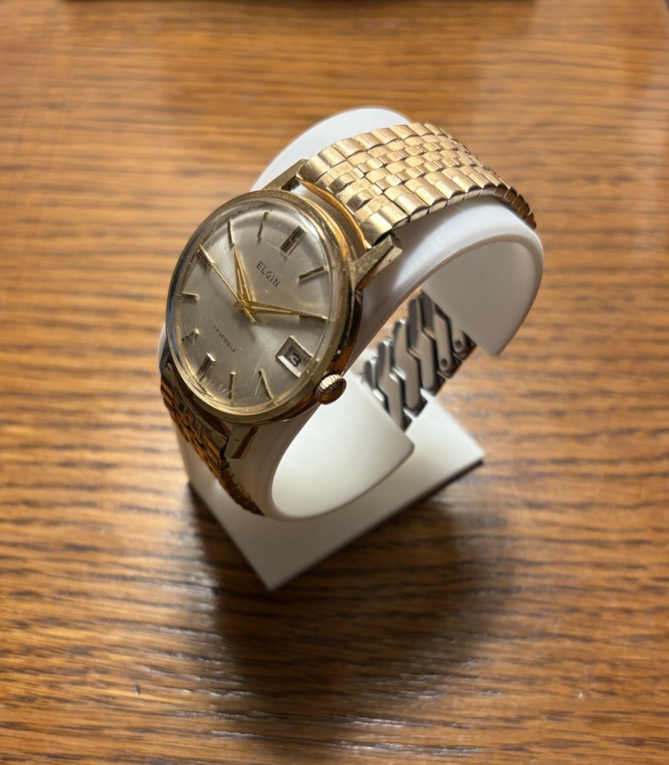Elgin Vintage Men’s Automatic Date Watch Silver Dial Gold Bracelet 39mm