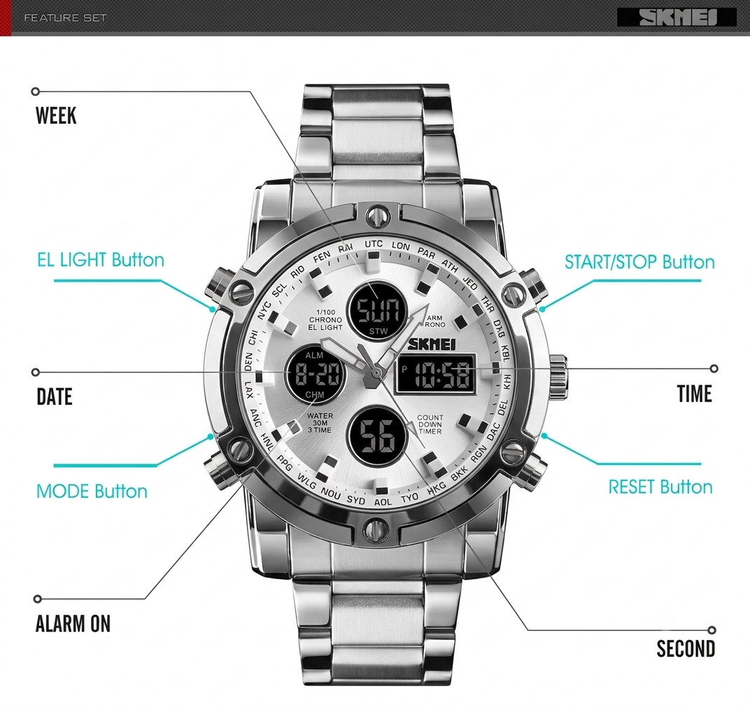 SKMEI Men Quartz Watch LED Digital Steel Wristwatch Casual Business Male Watches