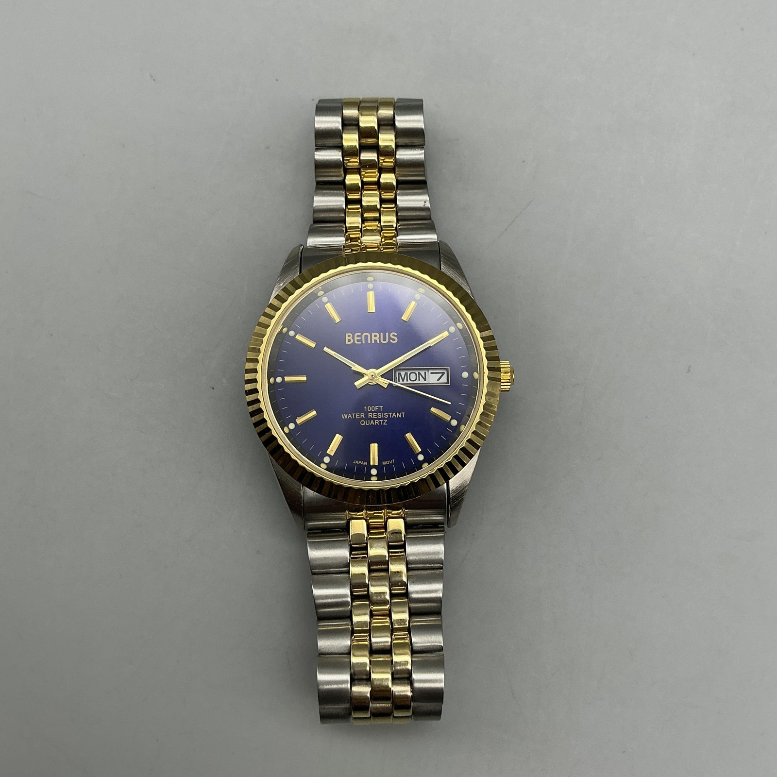 Benrus Mens Watch 36mm Blue Dial Day Date Gold Bezel Two Tone New Battery 7.75″