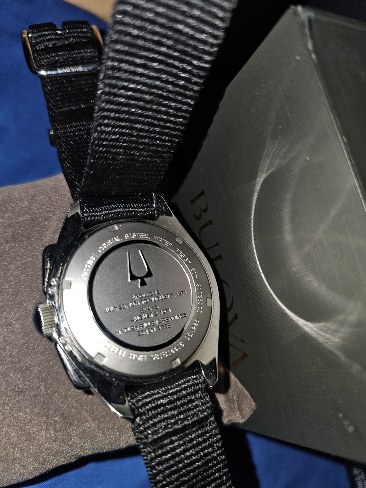 Bulova Lunar Pilot Quartz Chronograph Tachymeter Black Dial NATO Strap Box