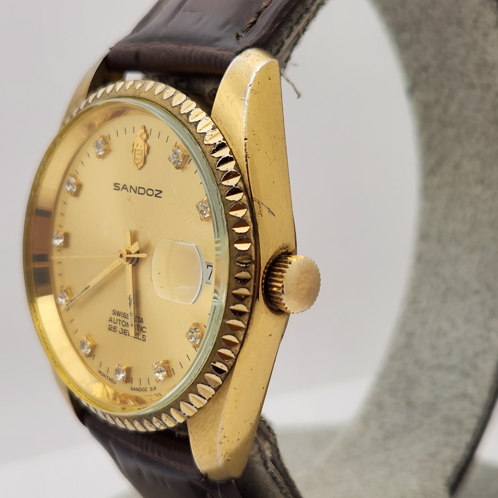 Vintage Sandoz men’s automatic watch 25Jewels diamond hour markers ETA 2824