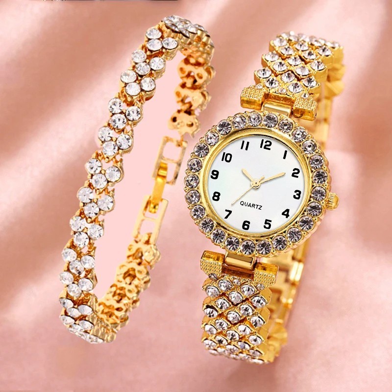 2pcs and 1pcs Elegant Crystal Watch Stainless Steel Fashion Simple Luxury Full C