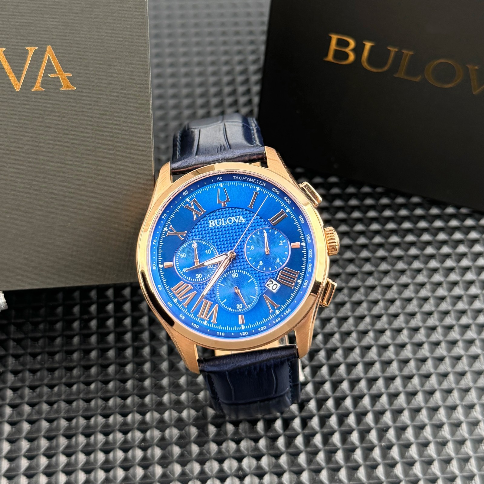Bulova Wilton Classic Chronograph Blue Rose Gold Dial 97B170 Men’s Watch 46.5mm