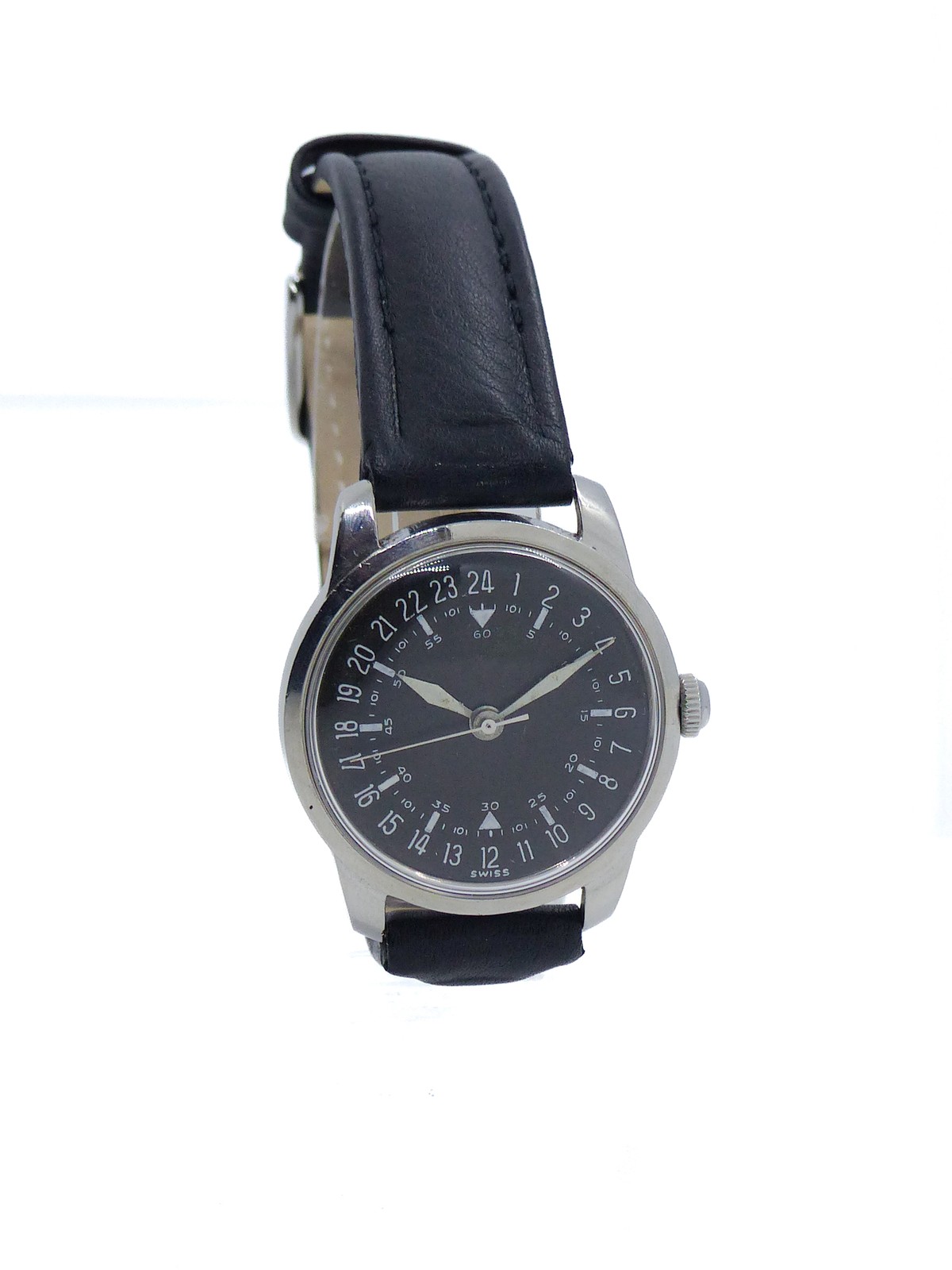 Wakmann Military and pilot wristwatch 24 hour dial Lemania 3060 60’s