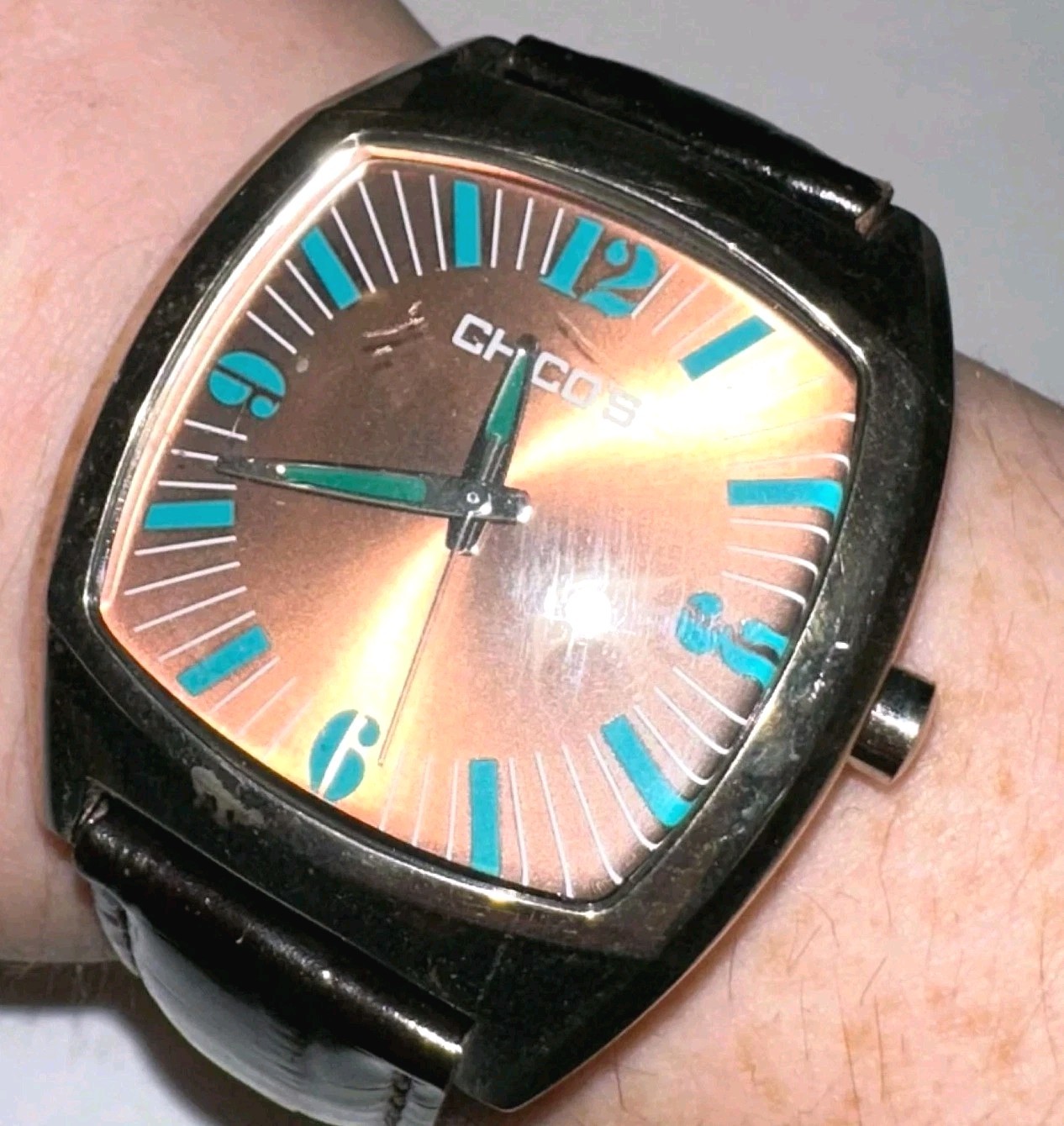 Men’s / Women’s Blue Brown Square Chico’s Watch Black Faux Leather Silver Case
