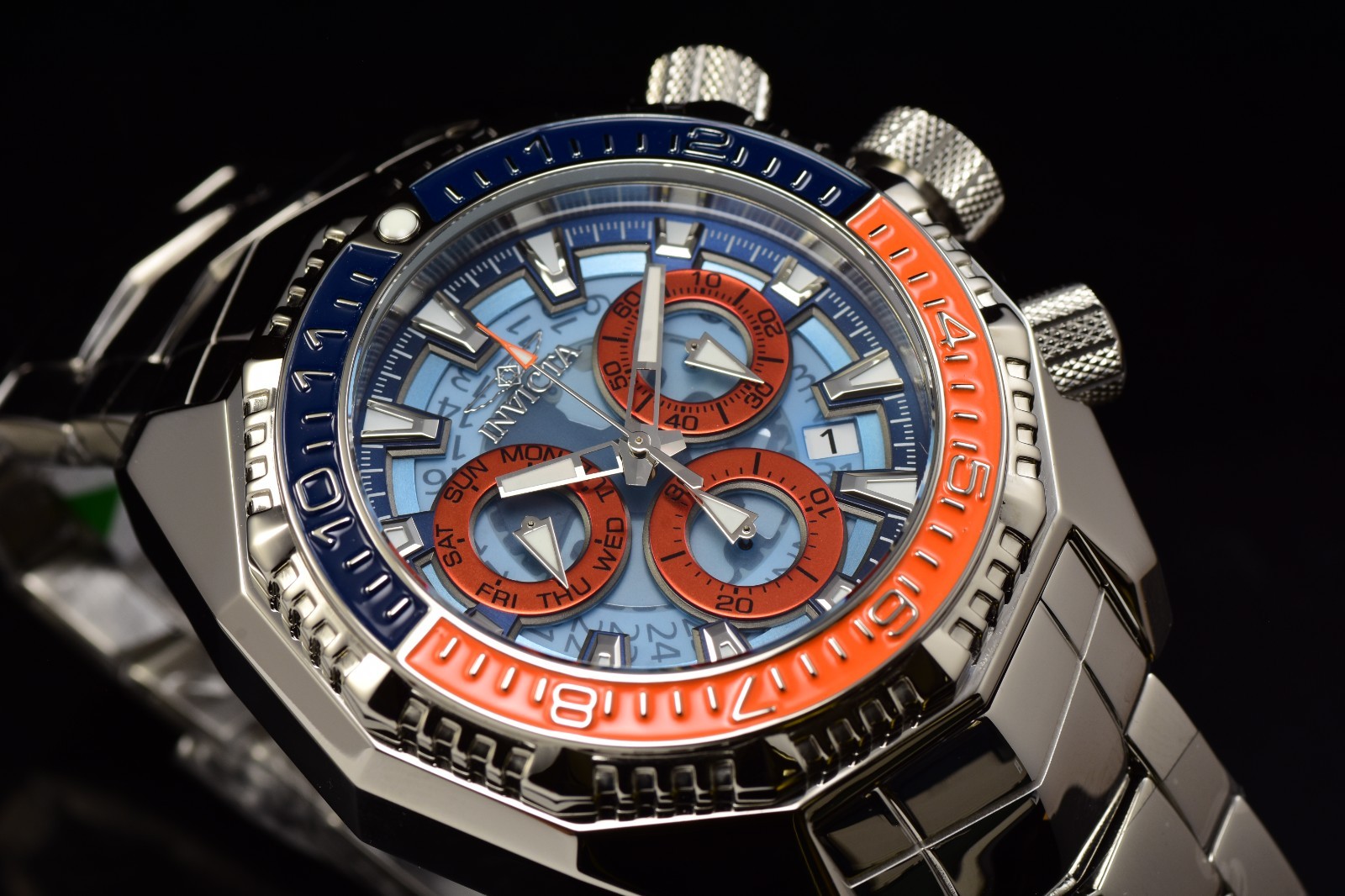 Invicta Men’s Akula 55mm Swiss Chronograph Orange/Blue High Polish SS Watch
