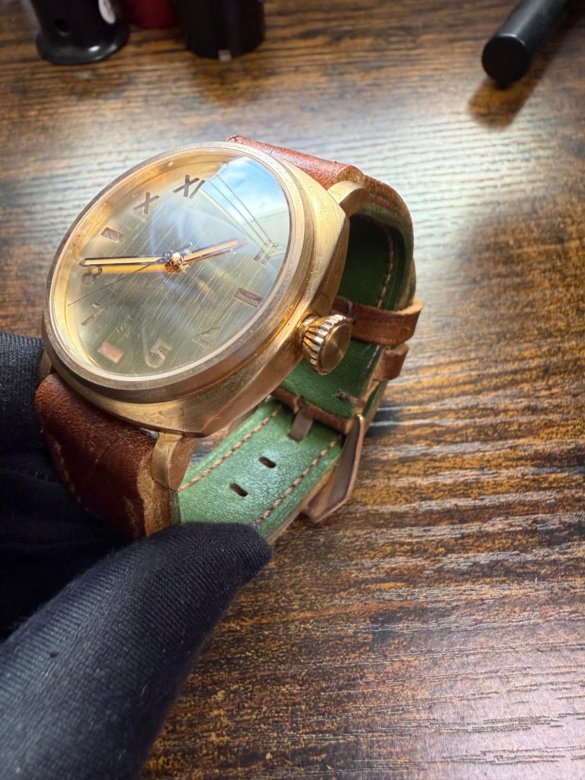 Bespoke bronze built Watch Nh35 Automatic Movement Handmade strap