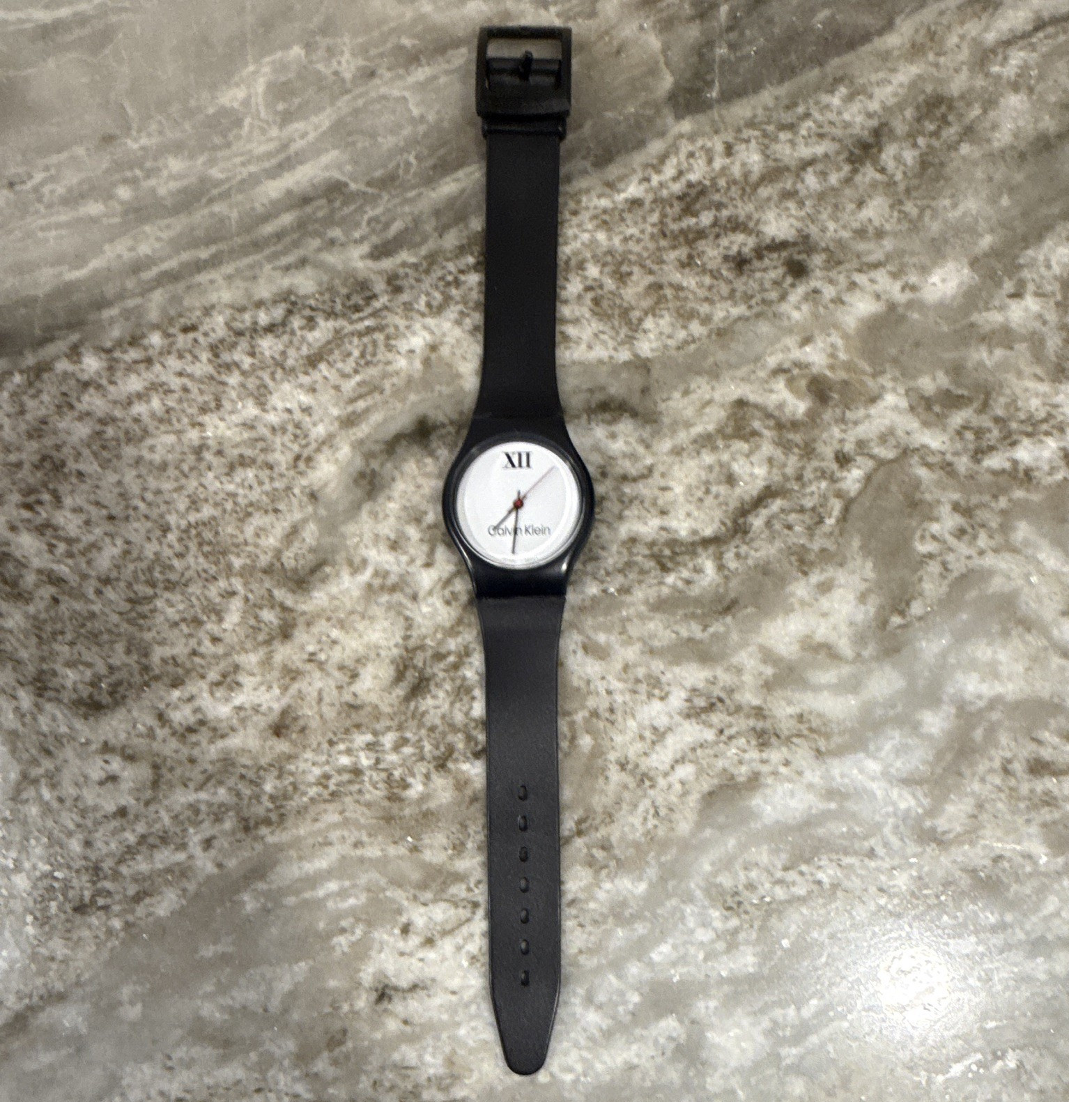 Calvin Klein Analog Wristwatch, White Roman Dial, Black Plastic Strap/Case