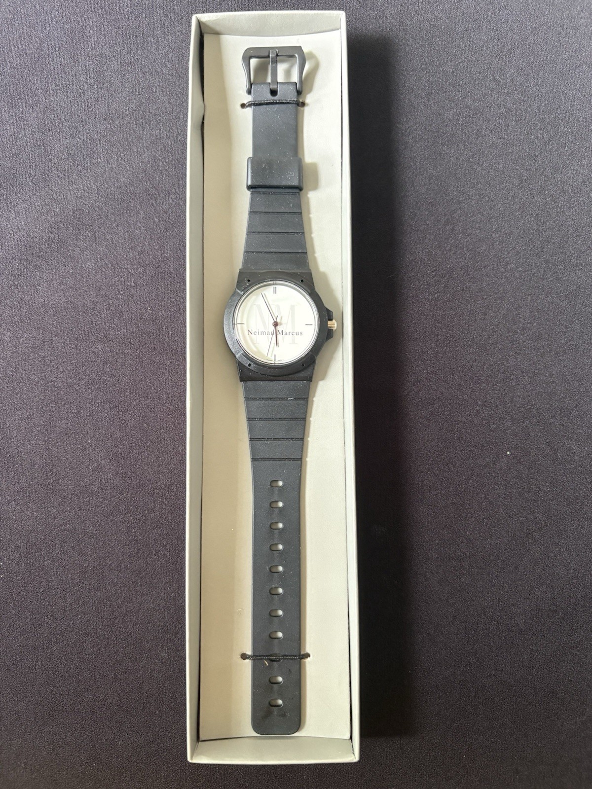 Neiman Marcus Unisex Quartz Analog Watch White Logo Dial Black Rubber Strap NIB