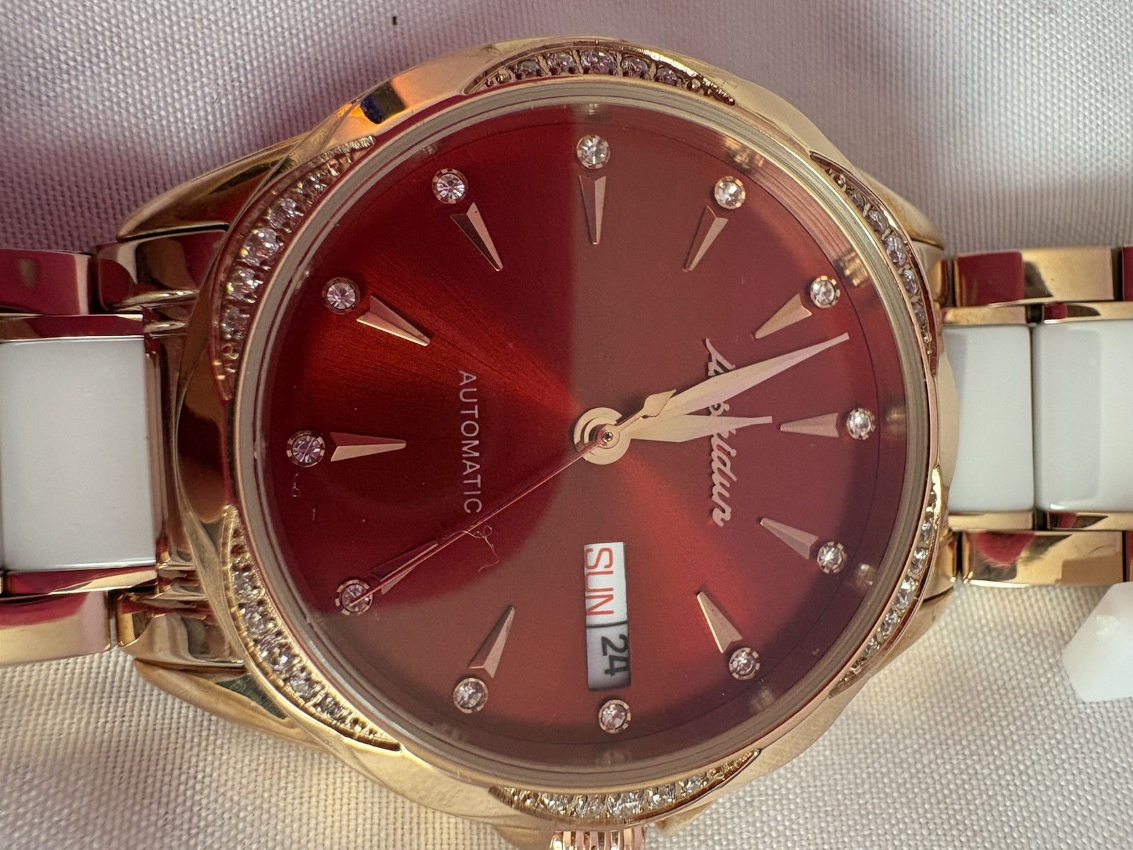 JSDUN Ladies Stainless Mechanical Watch Red Face Gold Tone Elegant Gems Date NIB