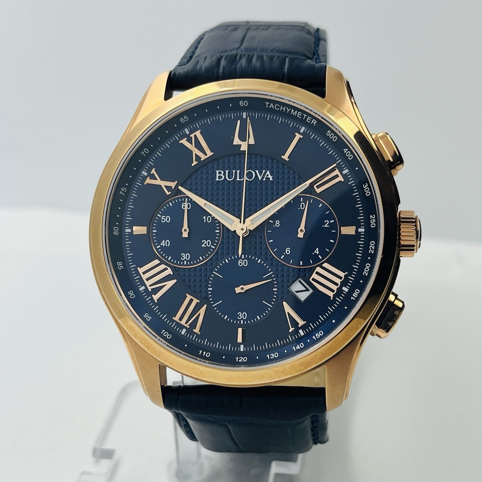 Bulova Wilton Men’s Chronograph Rose Gold Steel 47mm Leather Watch 97B170