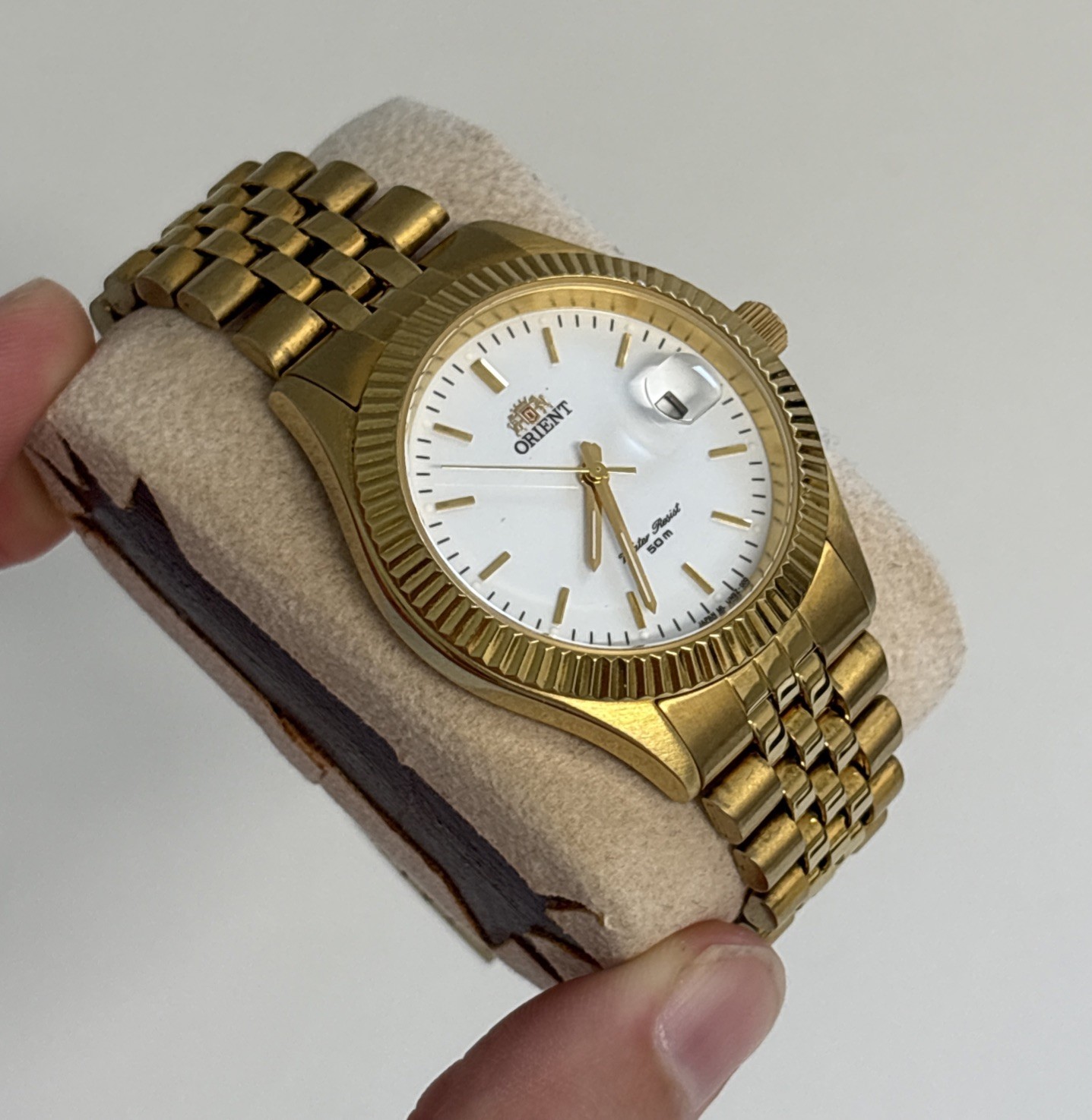 Rare Orient President Automatic Date White Dial Baton Index VTG Men’s Watch