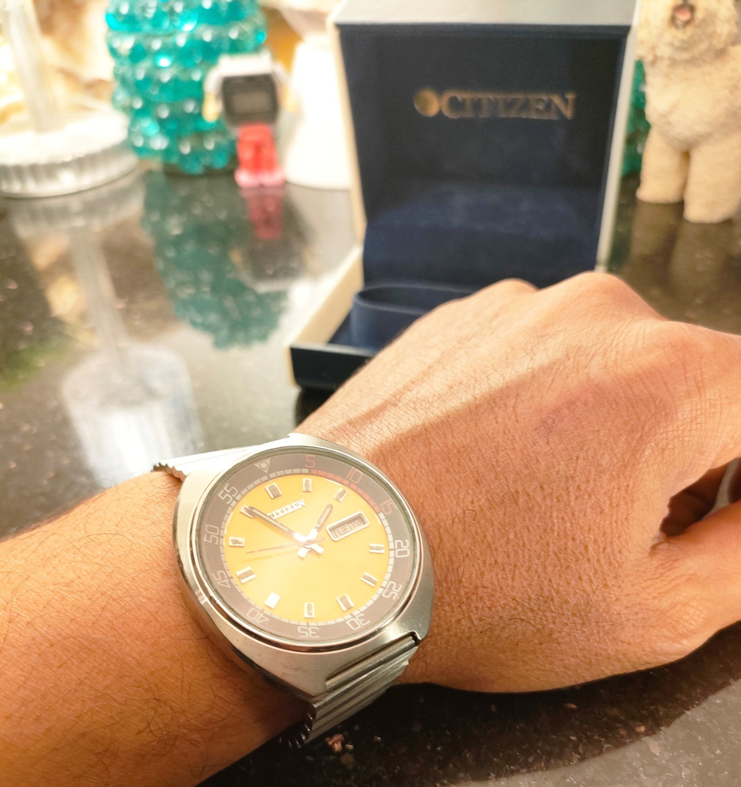 1978 Vintage Yellow Dial Automatic Citizen Bullhead Challenge Timer Day& Date