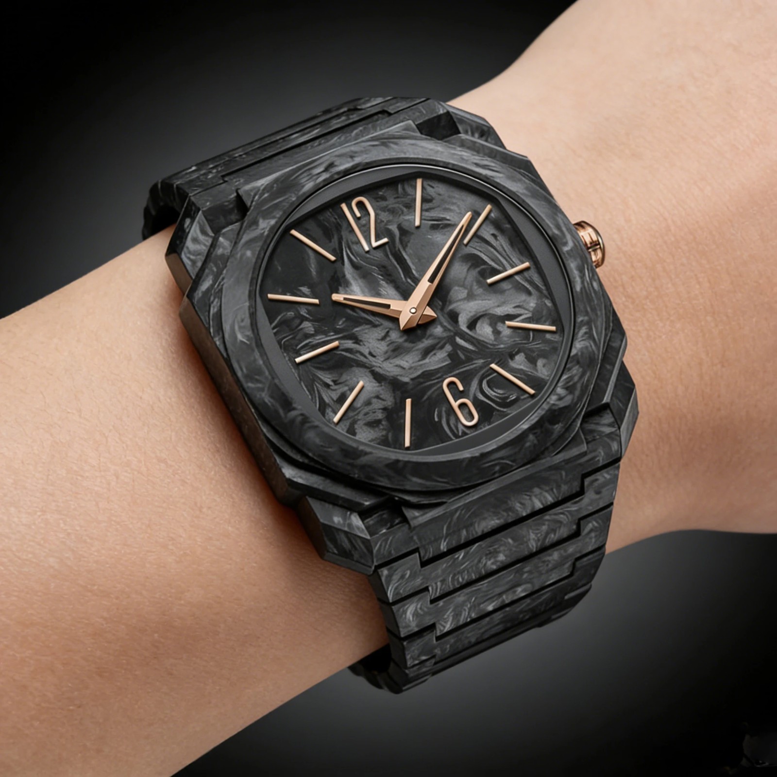 Men’s Damascus Steel Watch | Black Rose Gold | Bioceramic Case
