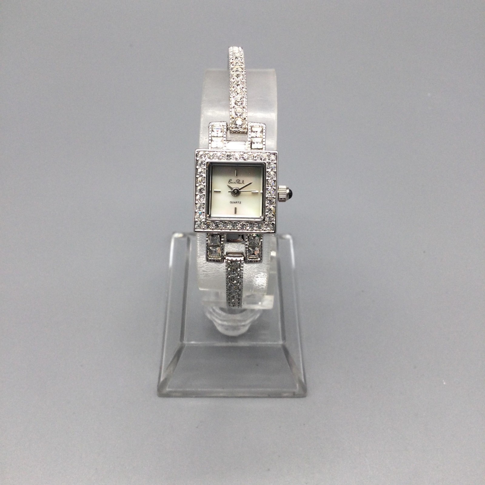 Erwin Pearl Womens Watch 16mm Square Silver Tone Crystal New Battery 5.75″