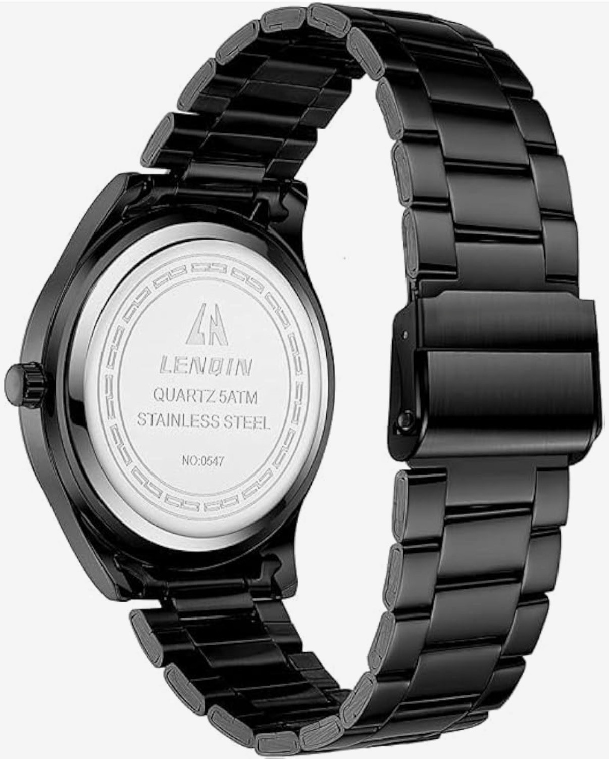 Lenoqin Men’s Quartz Wristwatch 50m/5ATM Black Stainless Bracelet Gray Dial