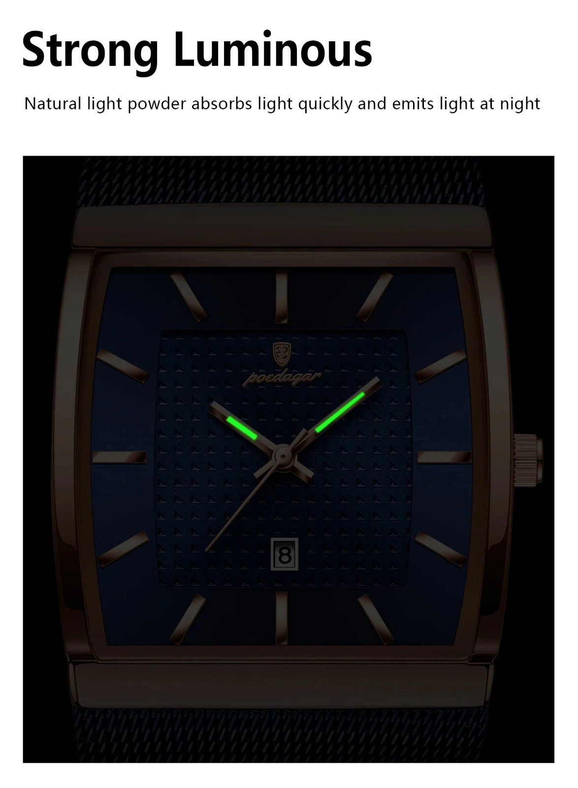 Luxury Men’s Watch Rectangle Steel Mesh Waterproof Luminous Date Quartz