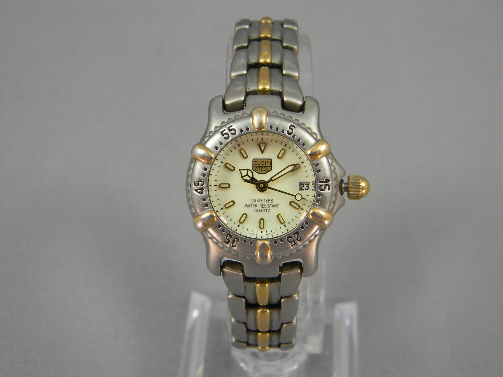 Elgin Steel Watch Women Diver Style 25mm Clasp Band 5.5″-5.75″ New Battery
