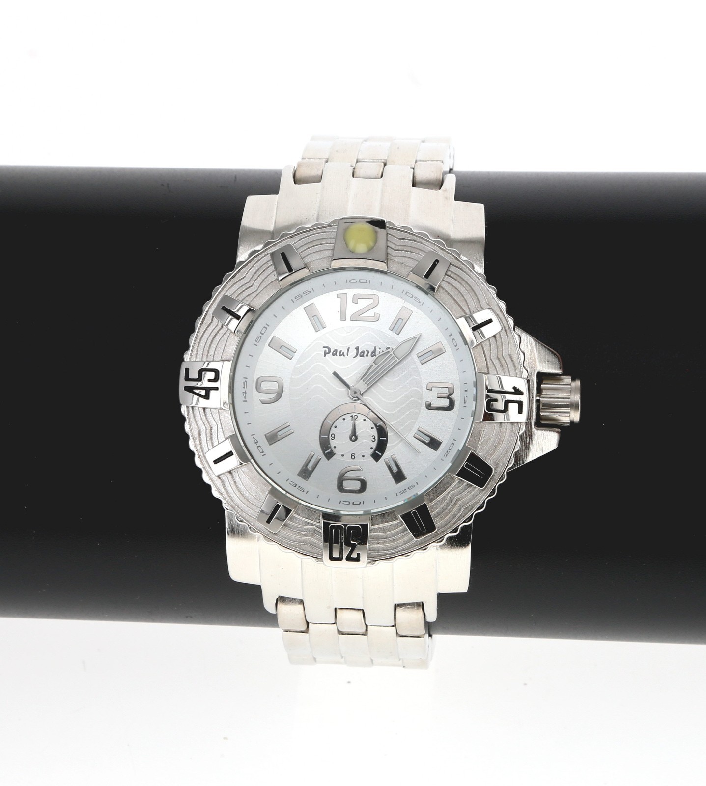 Paul Jardin Quartz Watch Heavy Metal Men Rotating Bezel Silver Dial 50mm