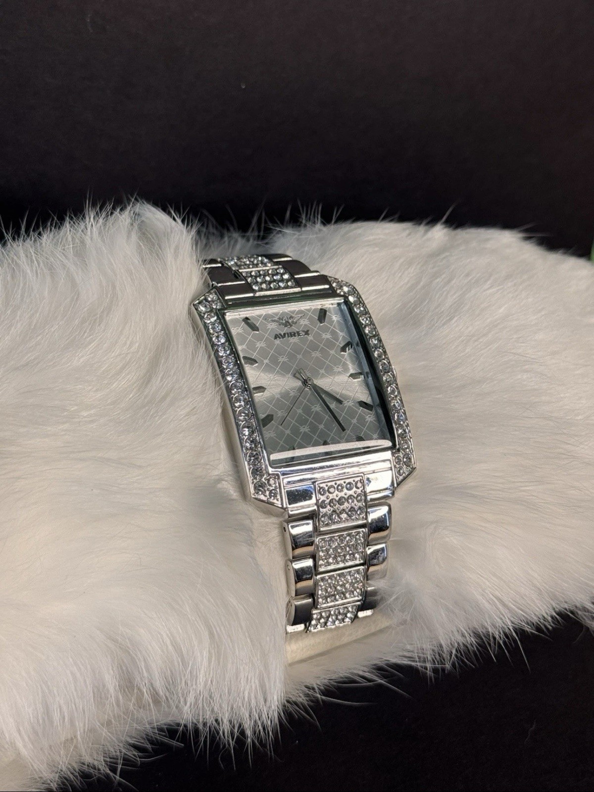 Avirex Men’s Rhinestone Watch – Silver Tone Rectangle Face Bling Iced Out