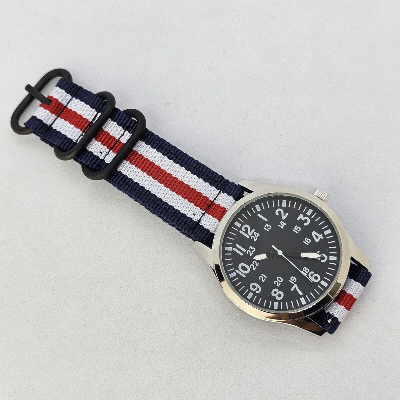 Men’s Field Military Watch 42MM Black Dial Blue White Red Canvas Band Straps