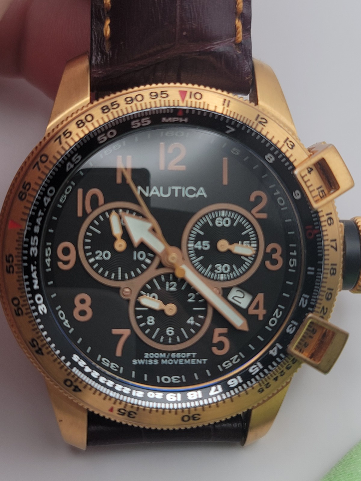 ​Nautica Flight Chronograph A31502 – Swiss Movt, 200m, Slide Rule Bezel, Leather