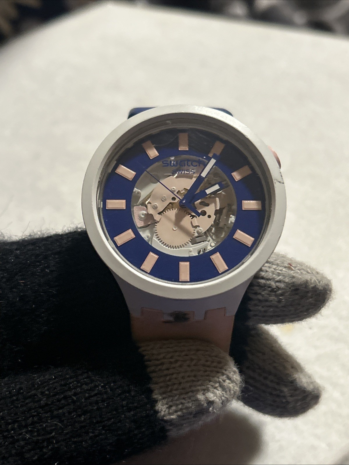 SWATCH BIG BOLD BIOCERAMIC Watch SWISS Analog Pink Navy Strap Dameged