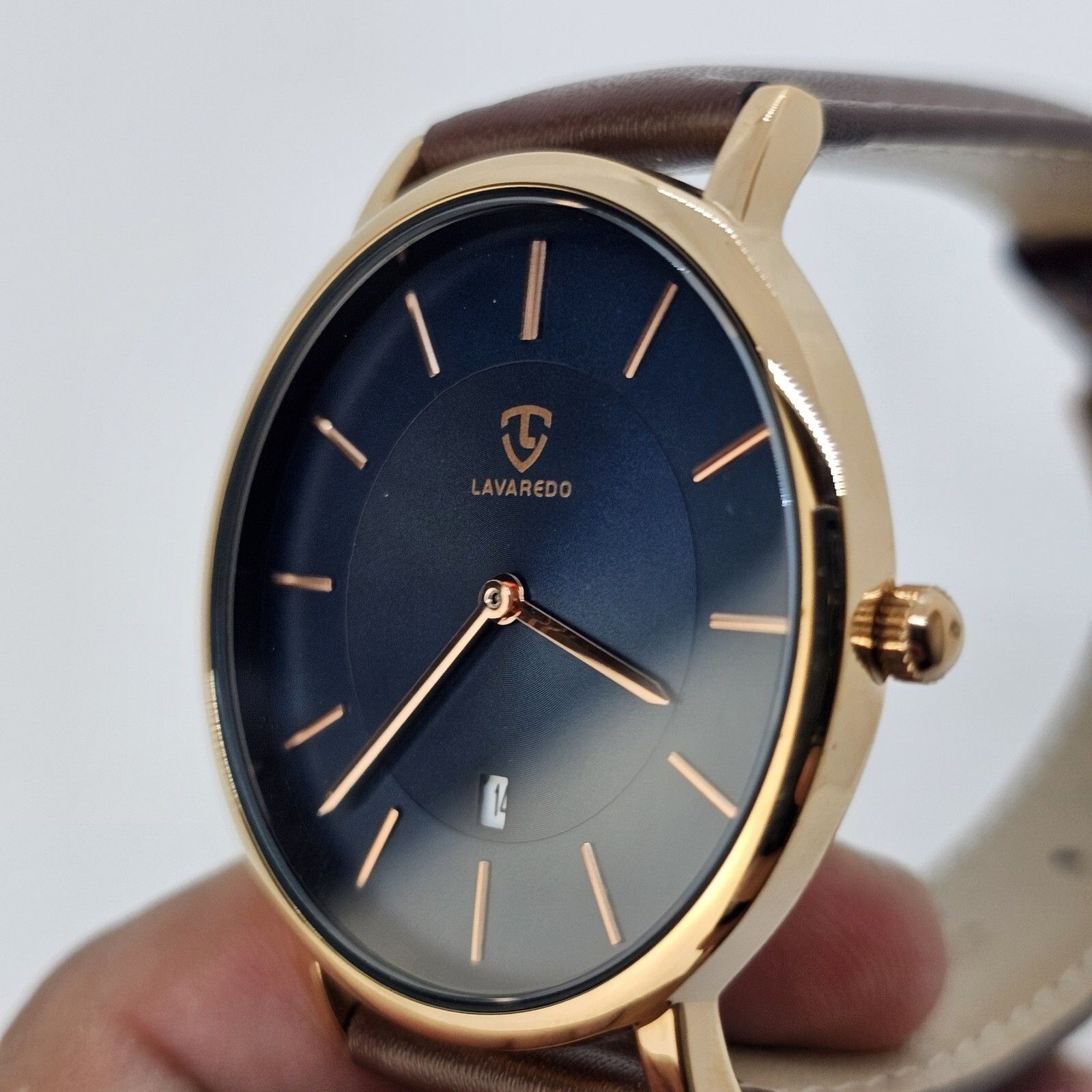 Men’s Watch 40MM Gold Case Blue Dial Brown Leather Band Straps Date Indicator