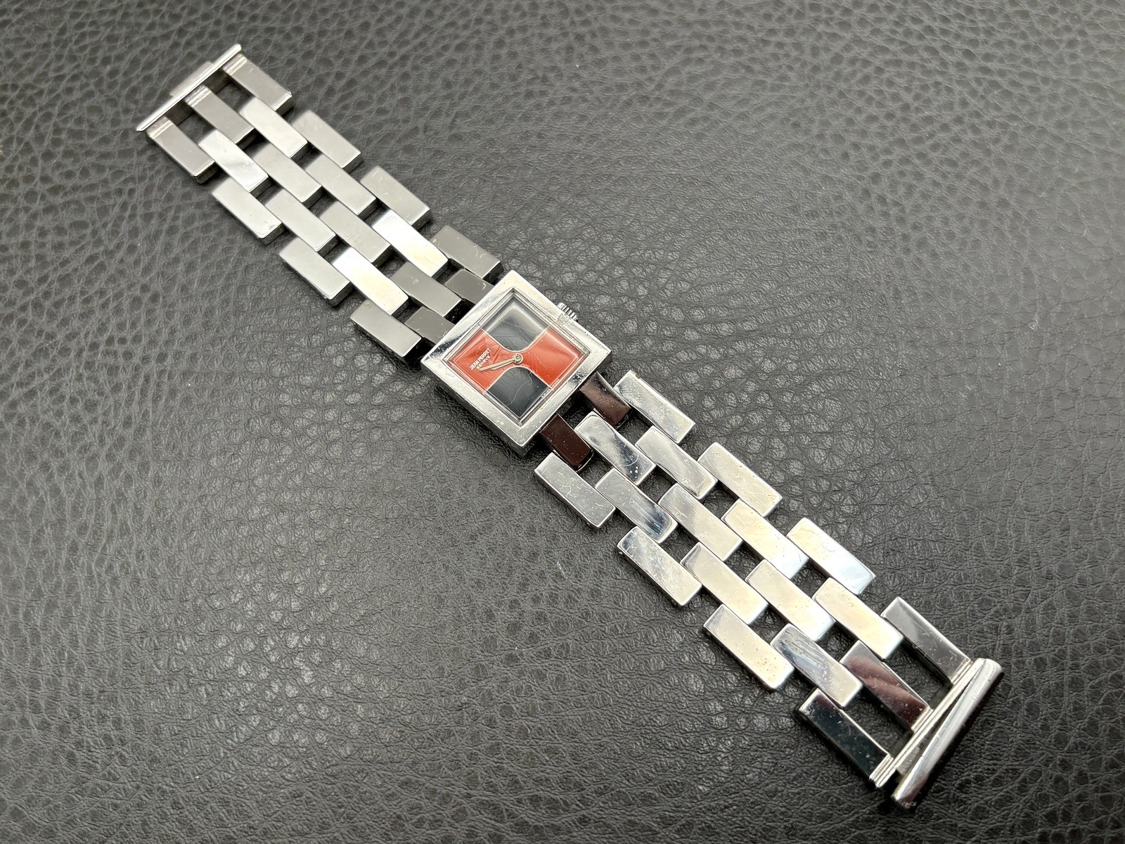Jean Pierret Geneve Stainless Steel Square Watch Red Black Dial READ