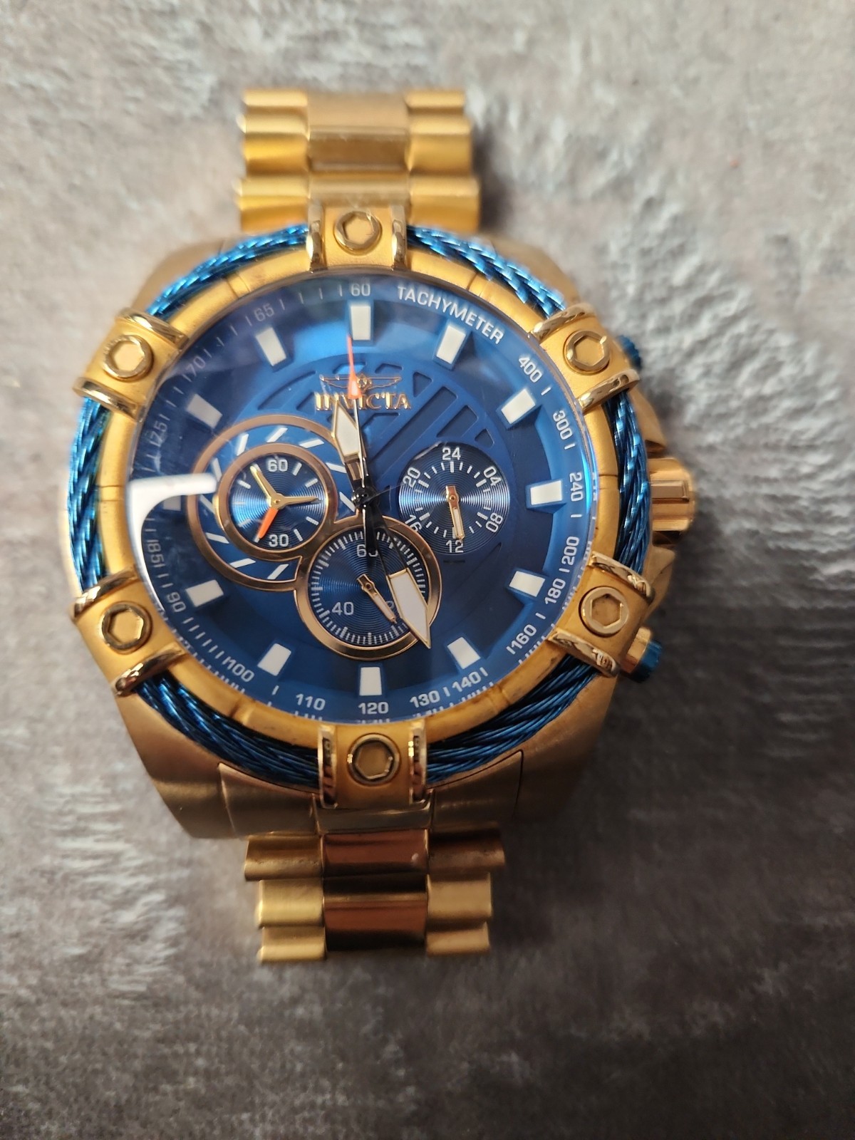 Invicta Bolt Men’s Quartz Chronograph Blue Textured Dial Gold SS Bracelet