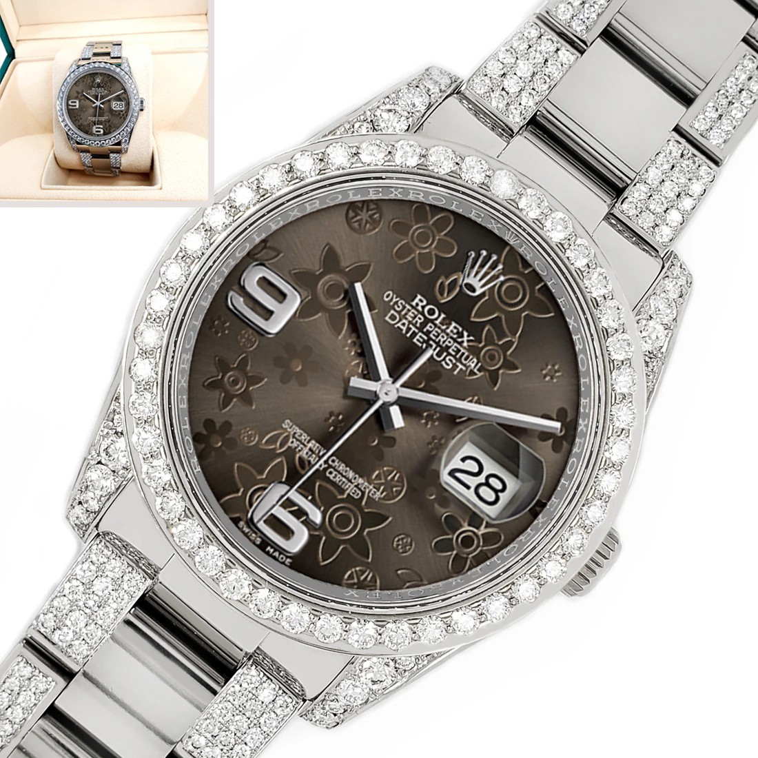 Rolex Datejust 36mm Rhodium Floral Dial Custom 5.9ct Diamond Bezel/Lugs/Bracelet