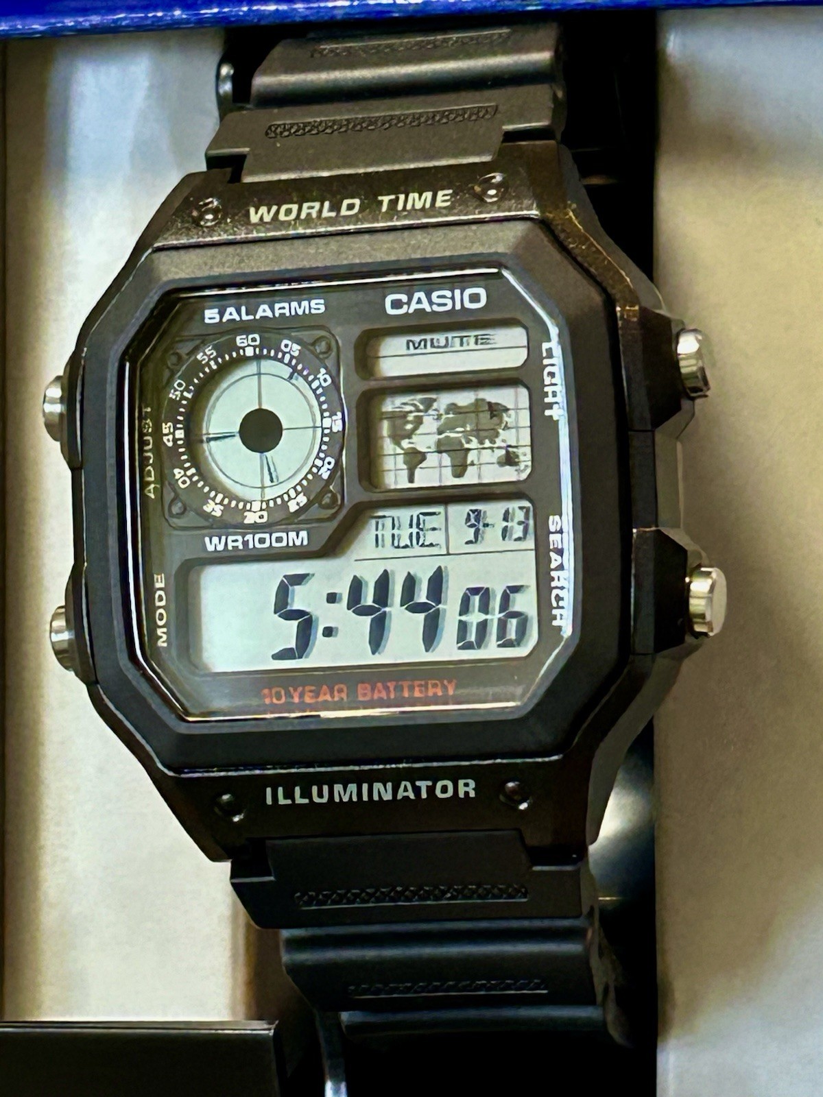 Casio World Time, 45mm, 8.5”, New Never Worn, In Box/Papers
