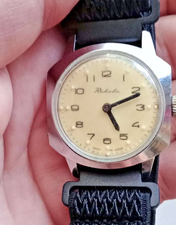 Vintage Soviet mechanical men’s Raketa watch for the blind. USSR. Running