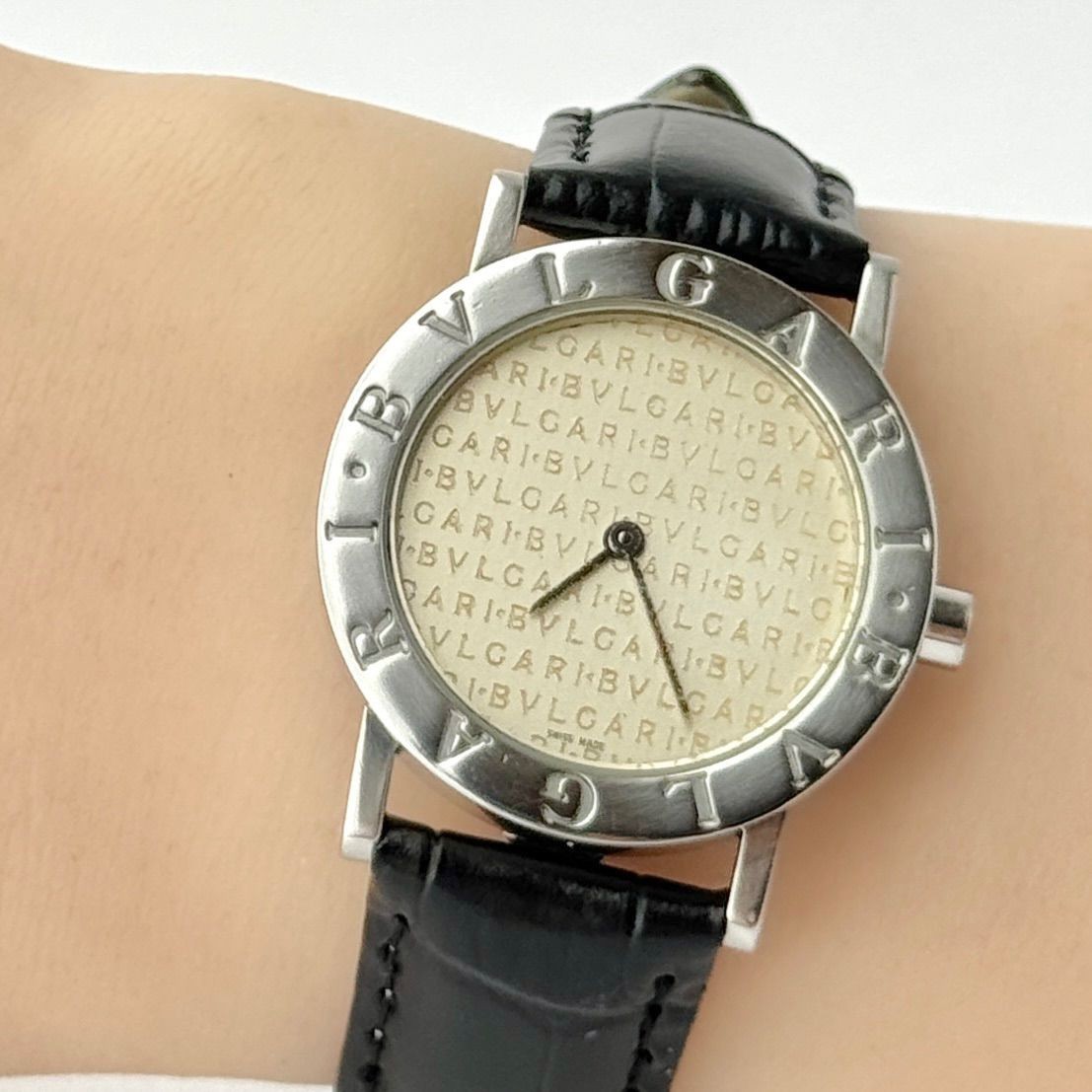 BVLGARI BB30SLD Ladies Watch Ivory Dial New Black Strap Battery Rare 30mm