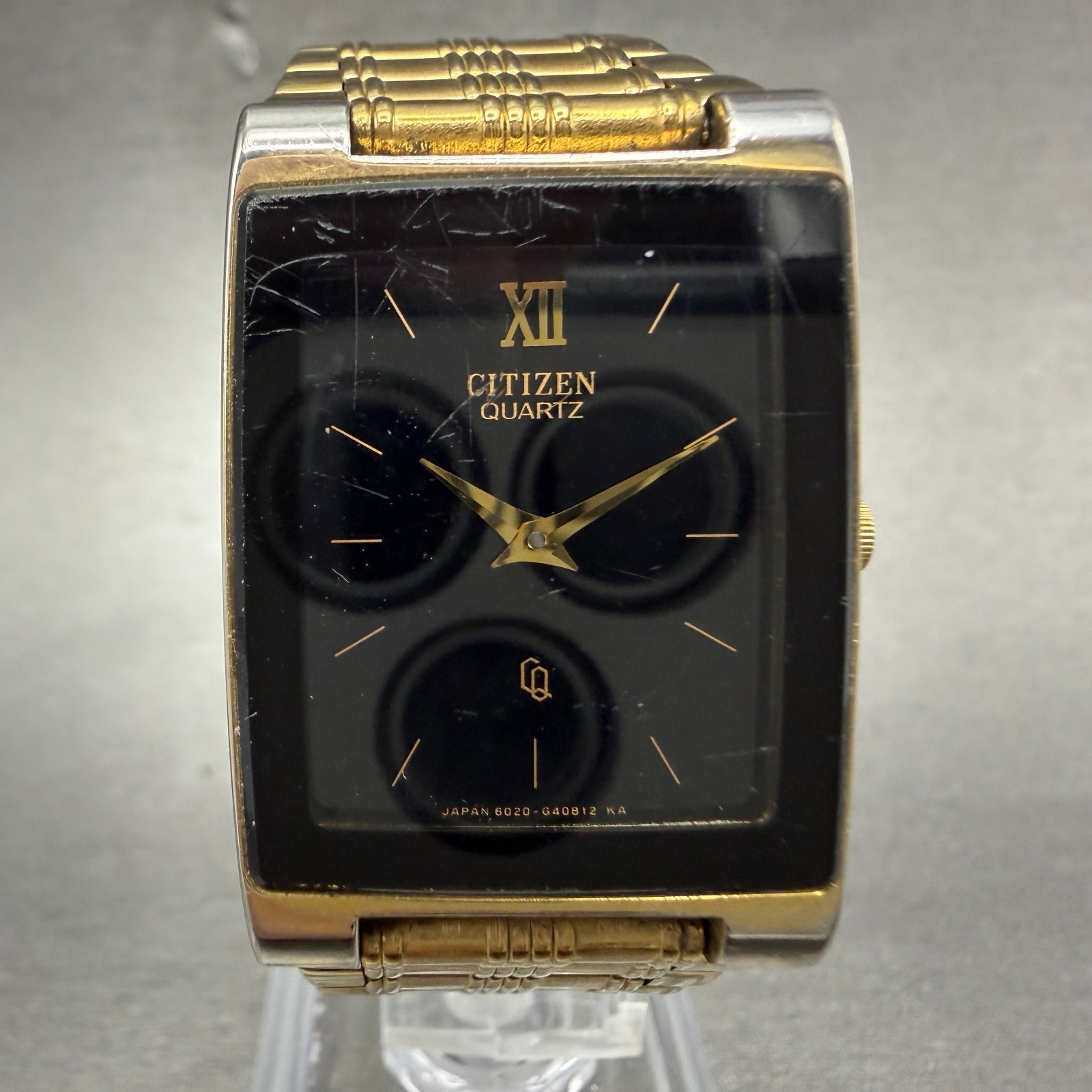 Citizen CQ Tank Watch Men 25mm Black Dial Gold Tone 6020-G08334 New Battery VTG