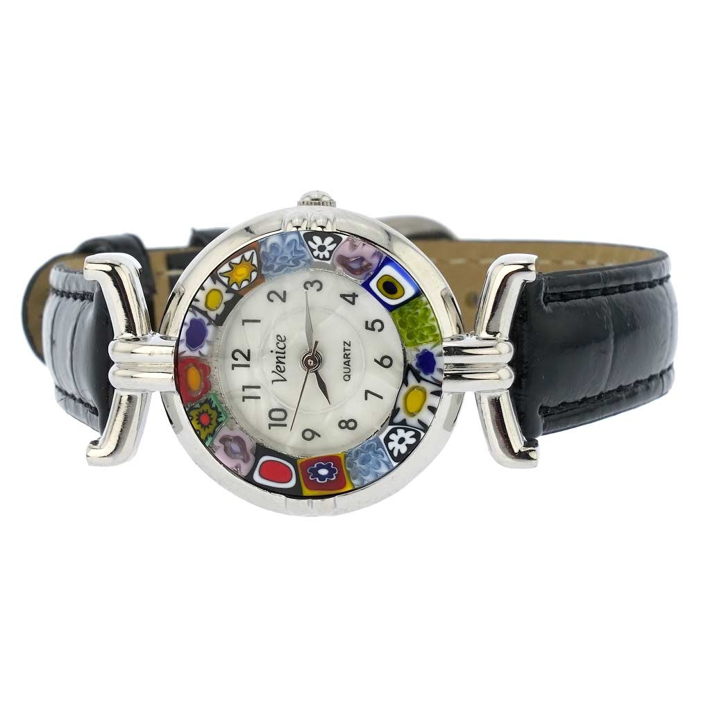 GlassOfVenice Murano Glass Millefiori Watch with Leather Band – Black Multicolor