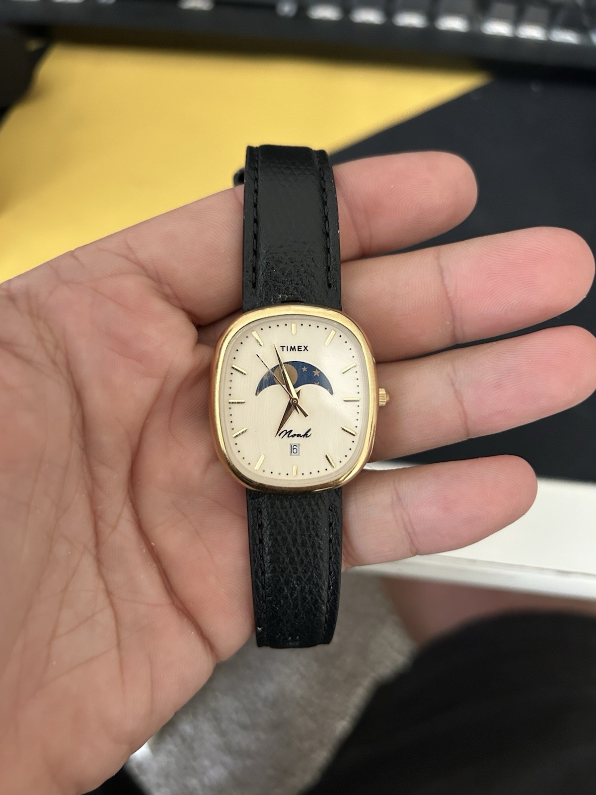 NOAH x TIMEX Oval Moon Phase Watch Black Leather Strap Gold Case