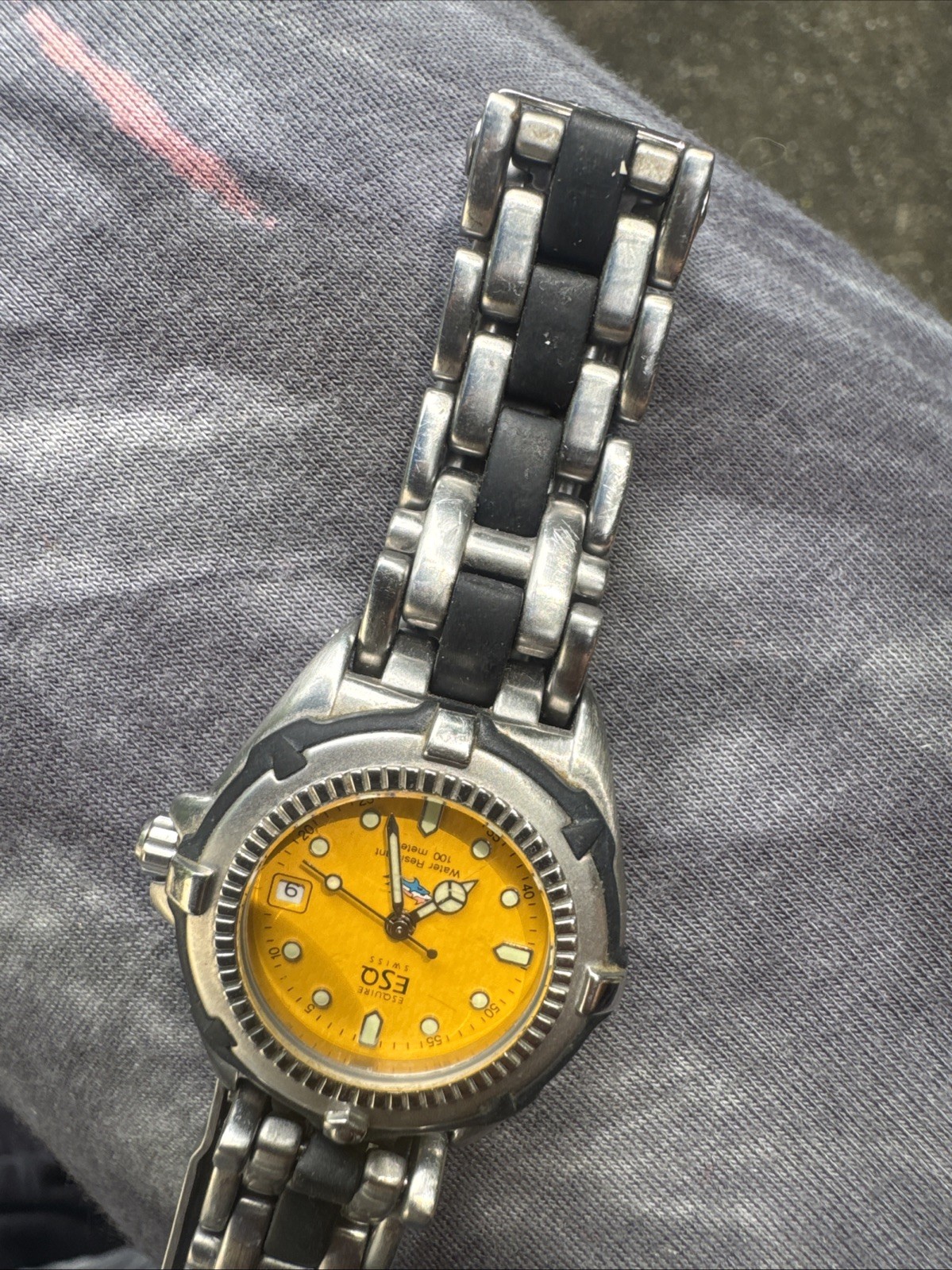 ESQ by Movado Men’s Quartz Sport 100m Yellow Dial Date Silver/Black Bracelet