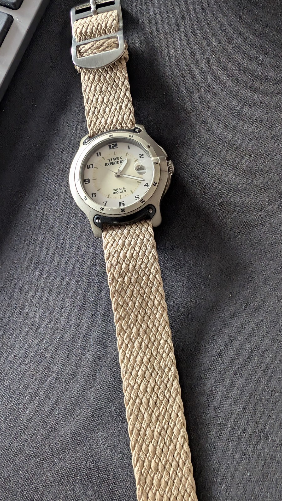 Timex Expedition WR50M Indiglo Date Cream Dial One-Piece Strap Watch
