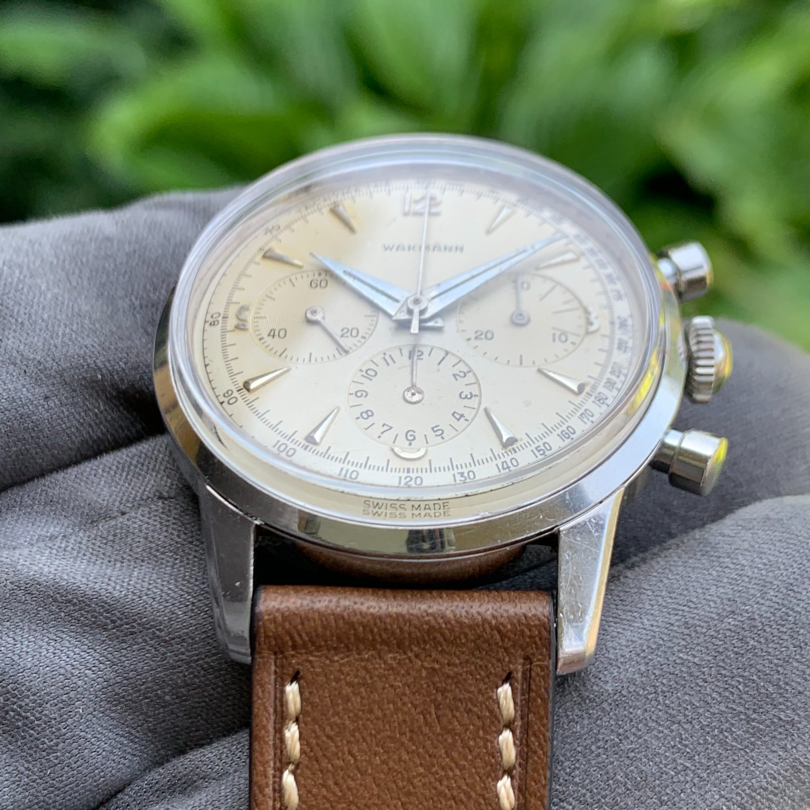 Vintage Wakmann Three Register Stainless Steel Chronograph Wristwatch