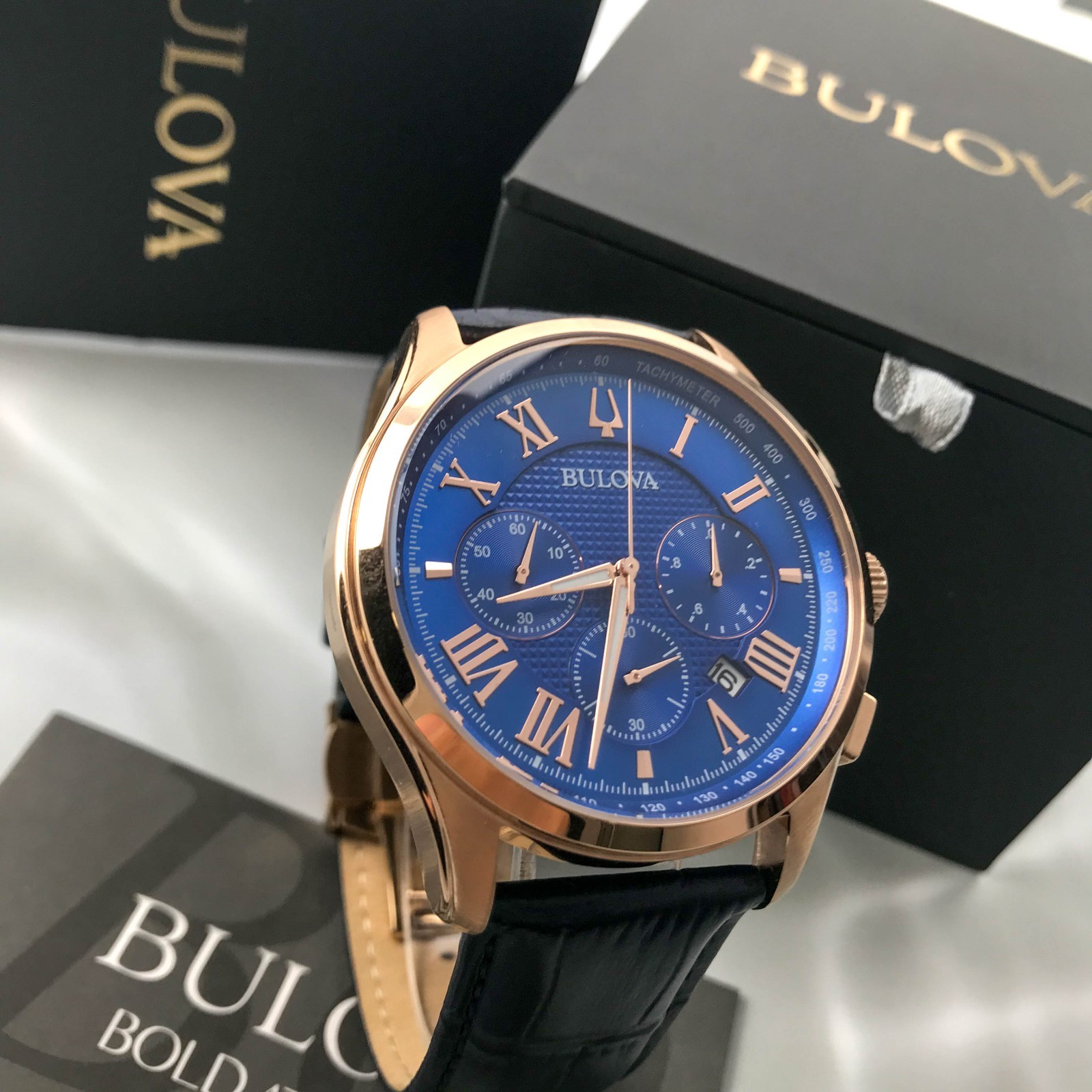 Bulova Men’s Classic Wilton 97B170 Blue Dial Leather Chronograph Watch 45MM