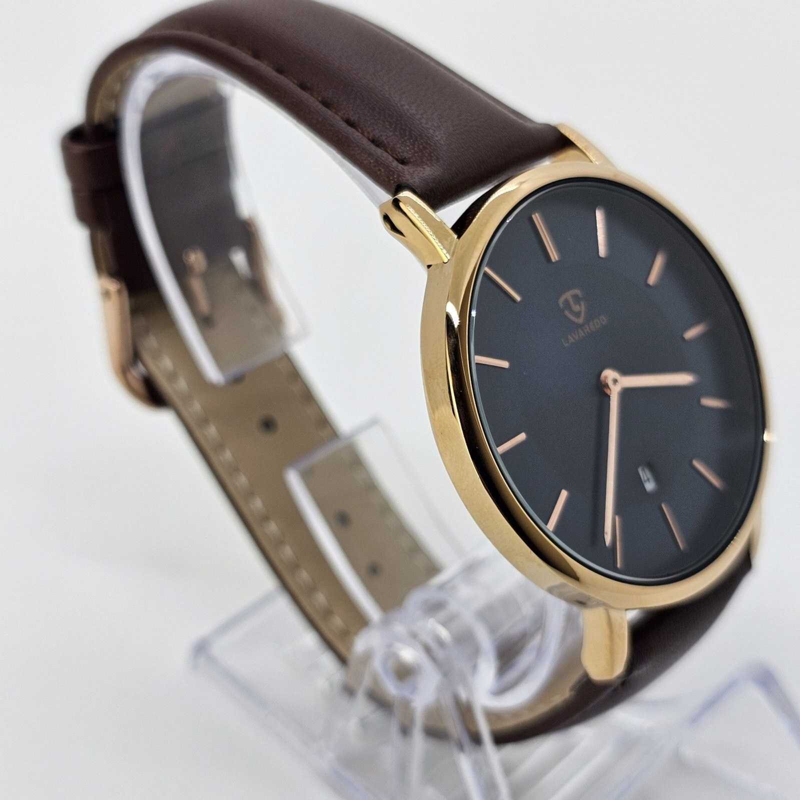 Men’s Watch 40MM Gold Case Blue Dial Brown Leather Band Straps Date Indicator