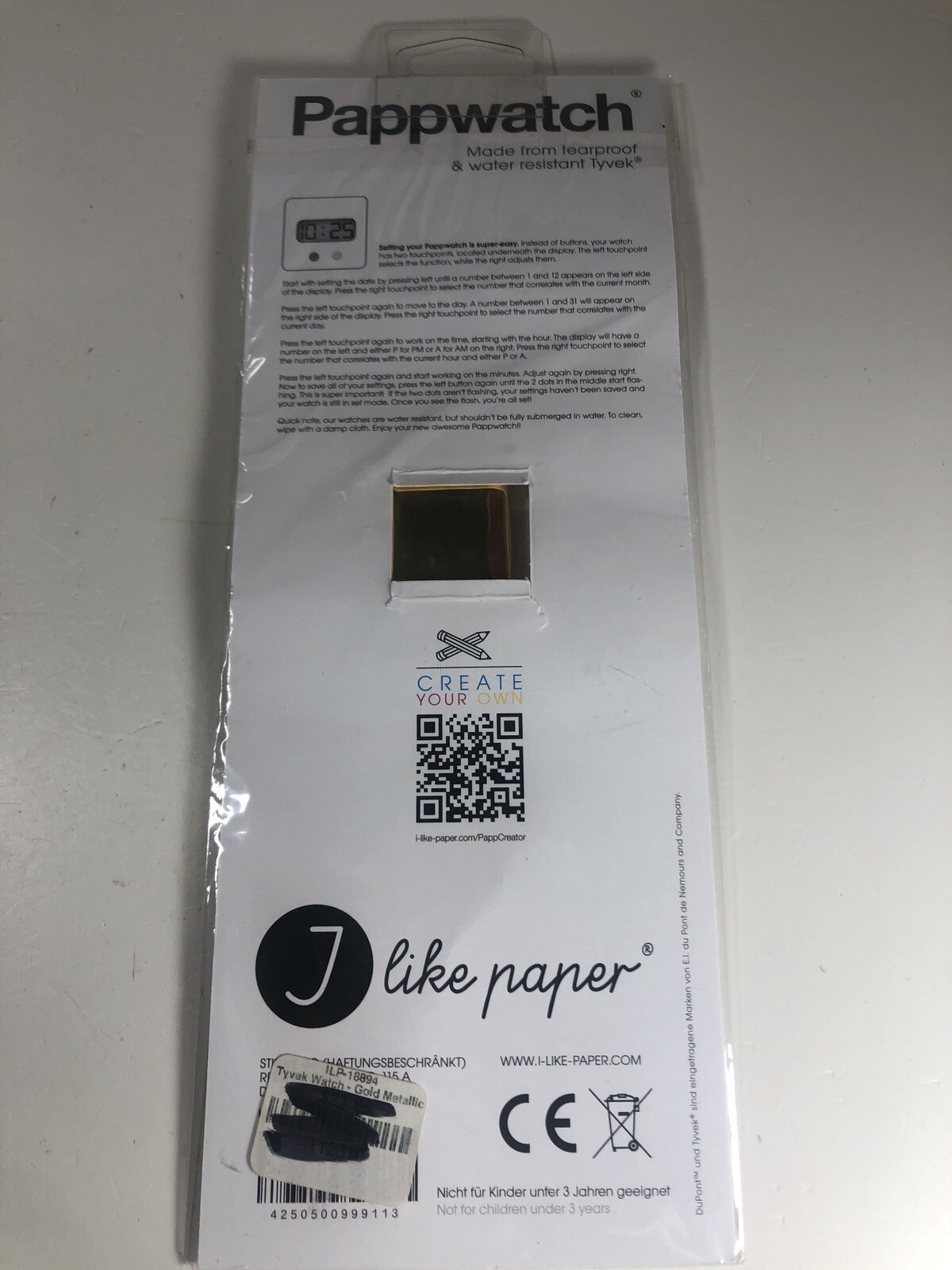 Pappwatch Shiny Gold Watch Tearproof & Water Resistant Tyvek New Adult