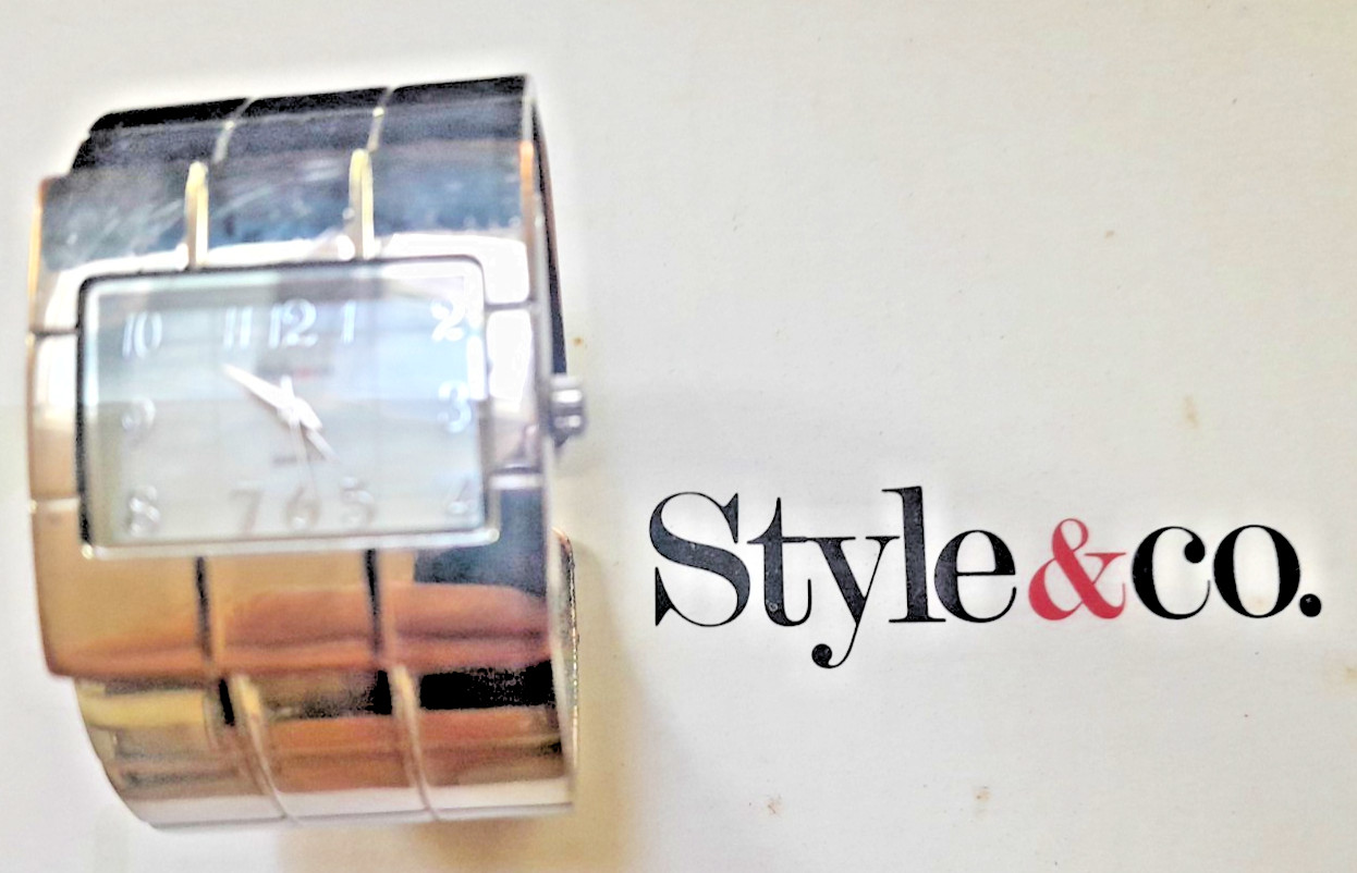 STYLE & CO Women’s Silver Cuff Bracelet Watch NEW BATT Gloss Clamper