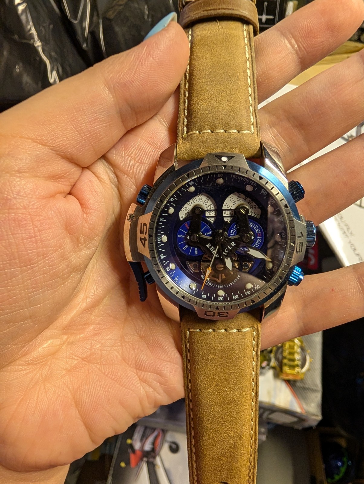 Reef Tiger Aurora Automatic Men’s Watch Blue Dial Brown Leather Strap 100m